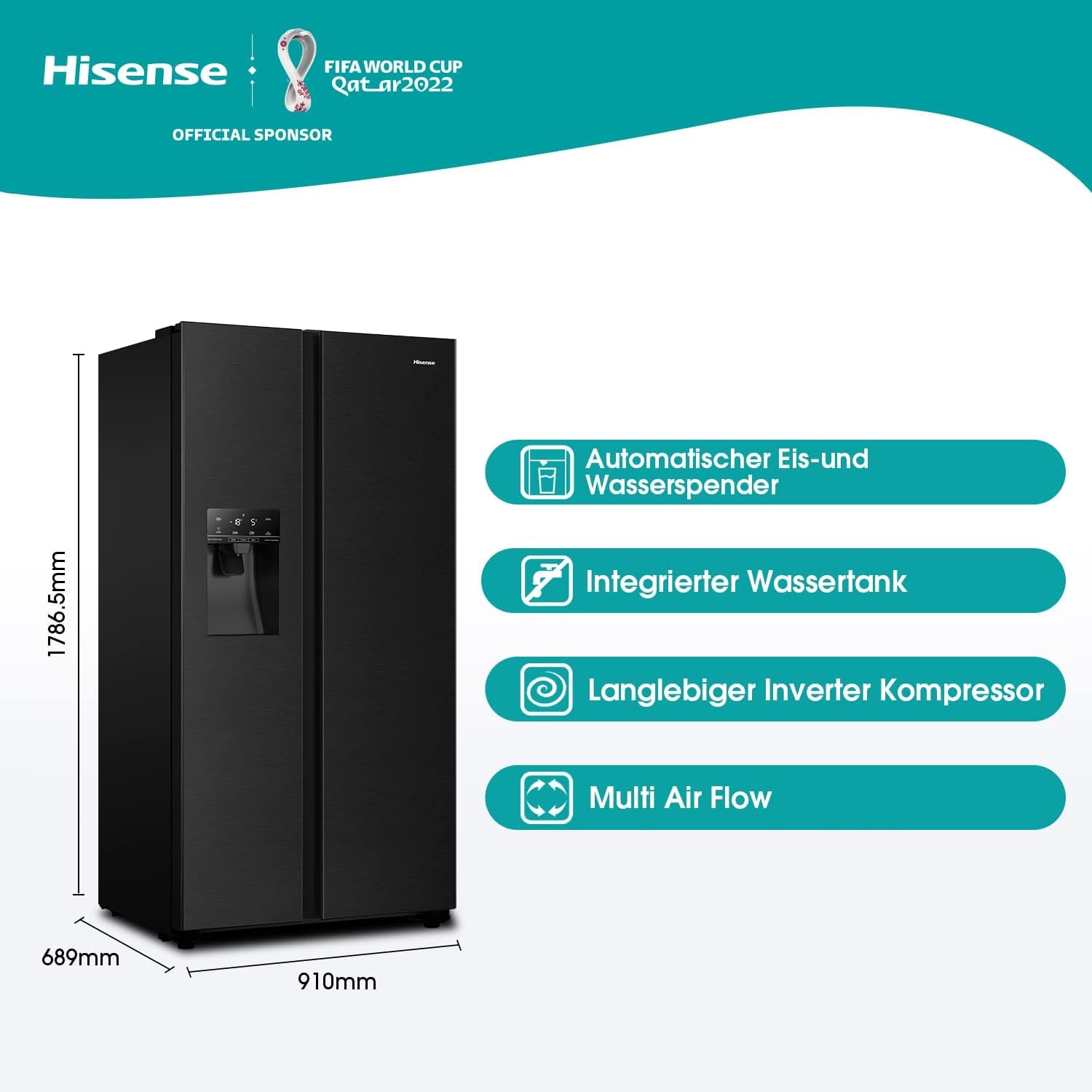 Hisense RS694N4TFE Frigo Américain Autoportante 562 L E Noir