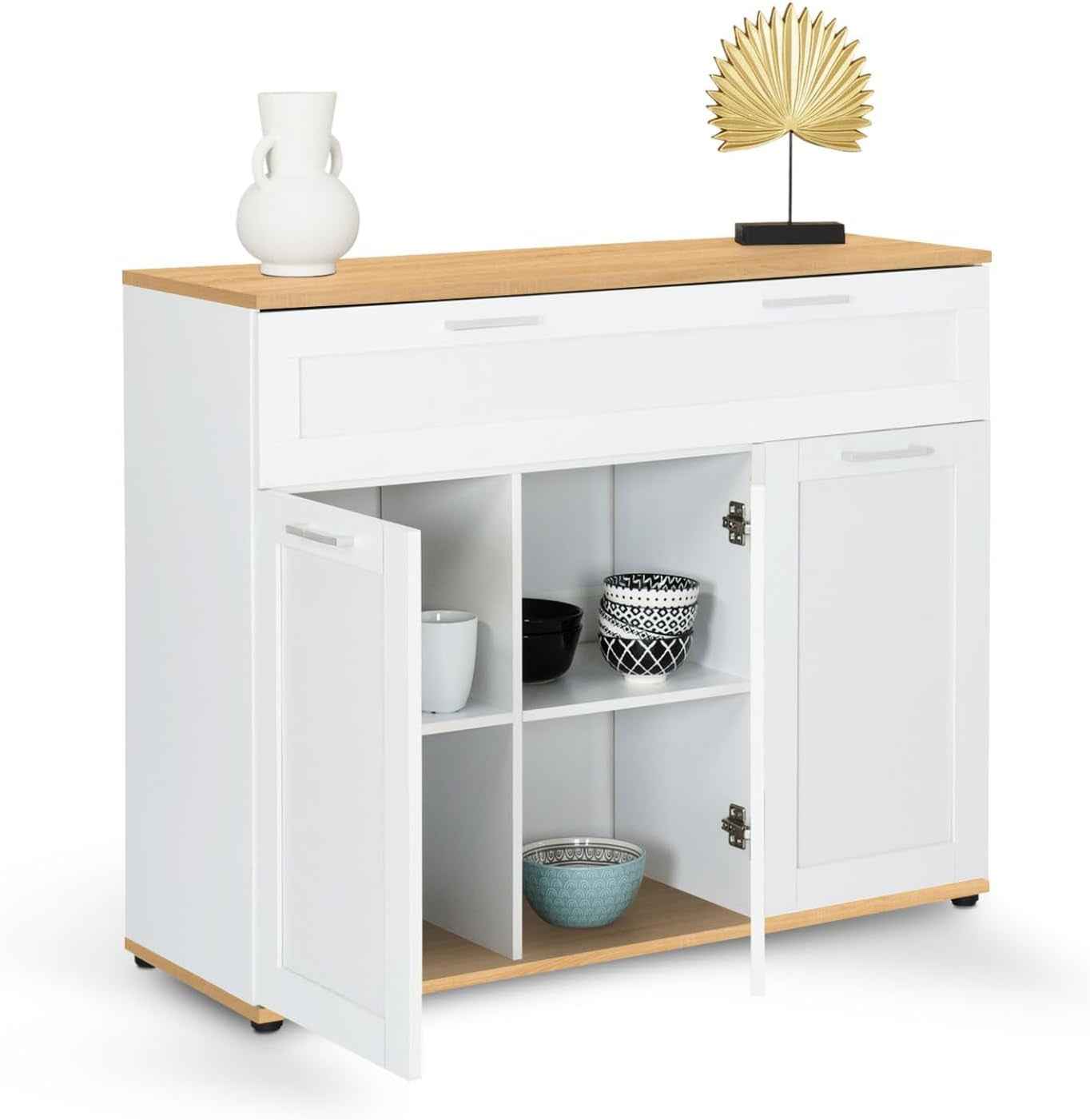- Buffet 100 Cm VITO 3 Portes Et 1 Tiroir Blanc Et Plateau Bois