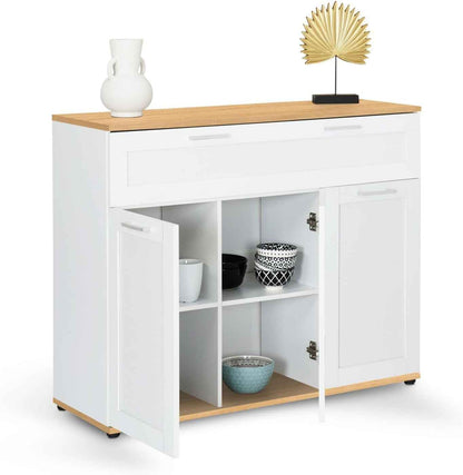 - Buffet 100 Cm VITO 3 Portes Et 1 Tiroir Blanc Et Plateau Bois