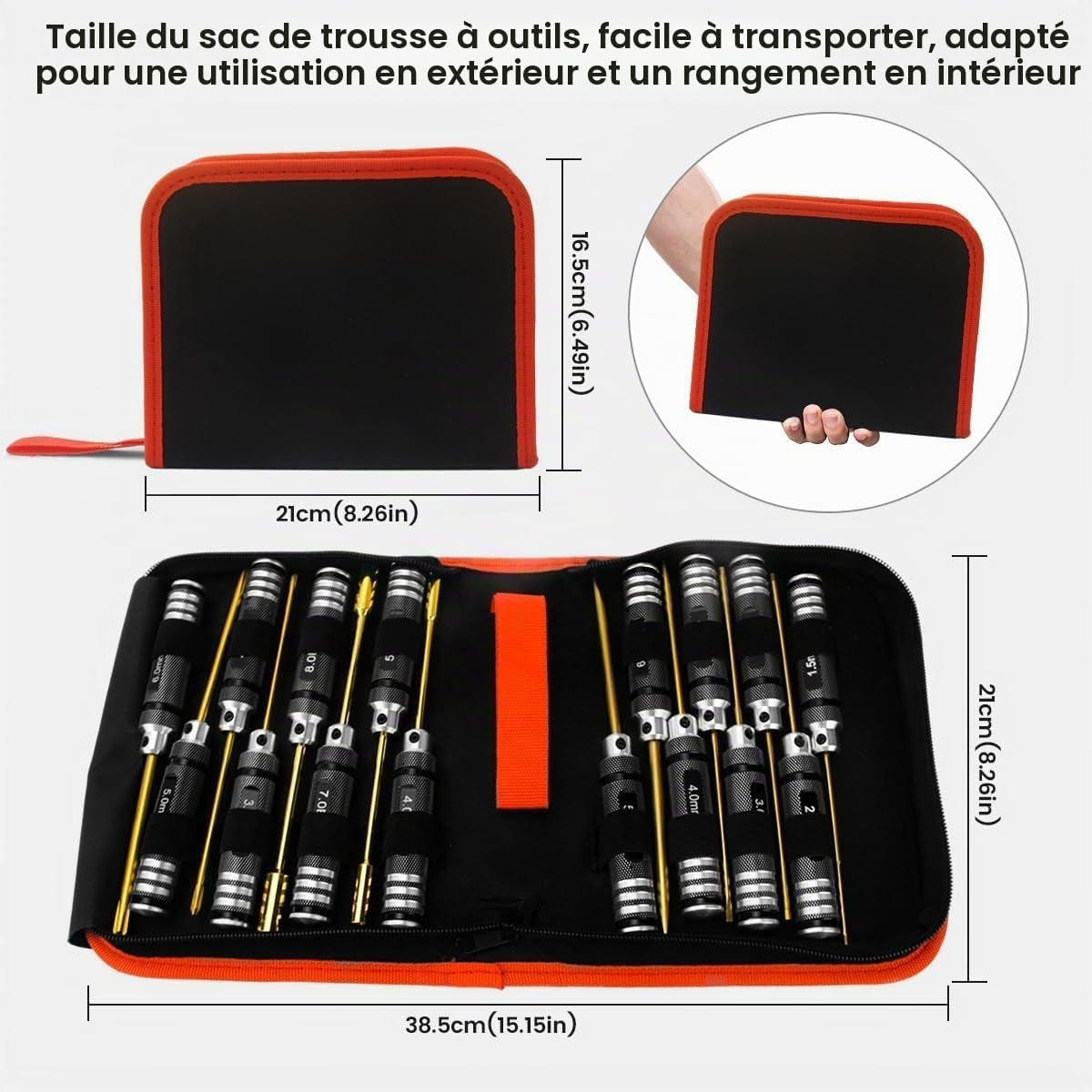 Kit D'Outils Pour Voiture Télécommandée – 16 Pièces Comprenant Des Outils Plats Et Phillips, Hexagonaux En Acier Titane, Avec Sac De Rangement