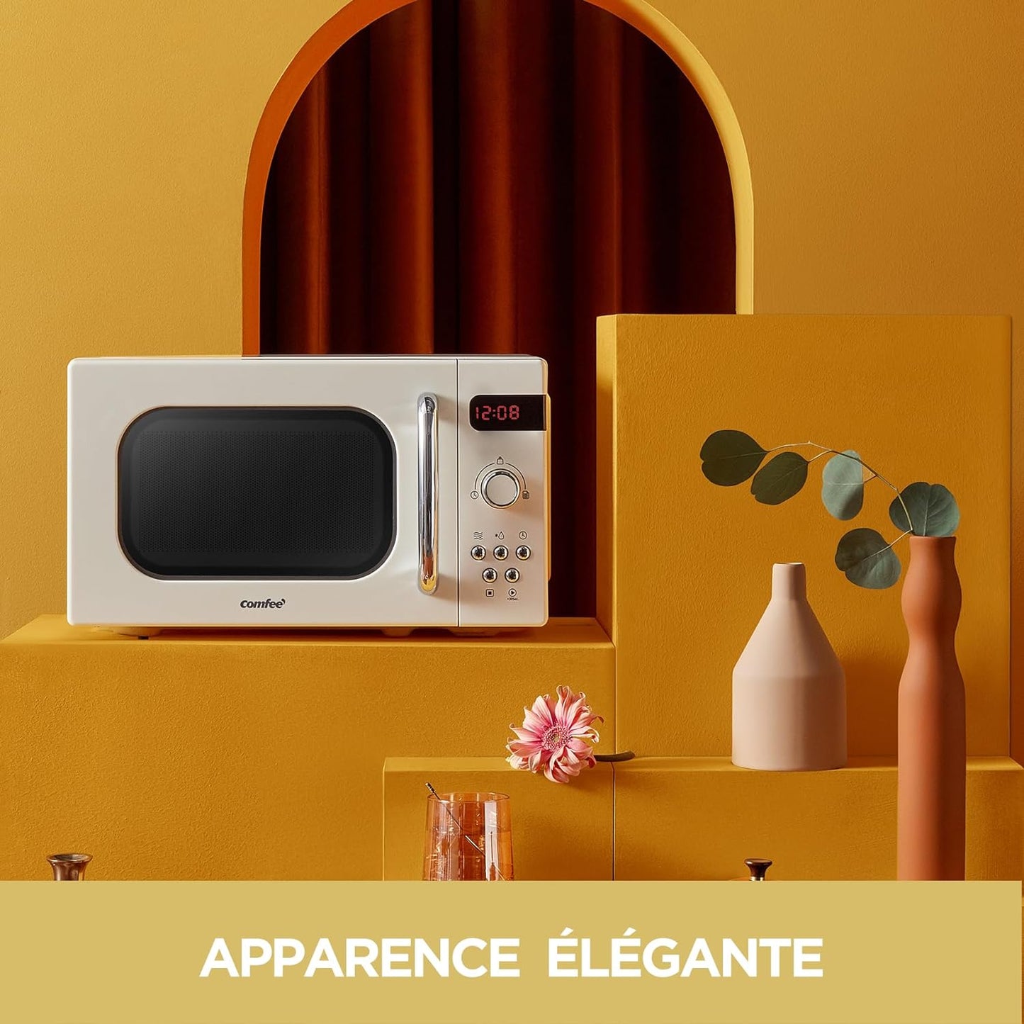 ' Micro-Ondes Rétro CMSRO 20Di Cr Avec 8 Renus Rutomatiques, 5 Niveaux De Puissance De Cuisson, Bouton De Cuisson Express, 20 L, 800 W, Crème D'Abricot