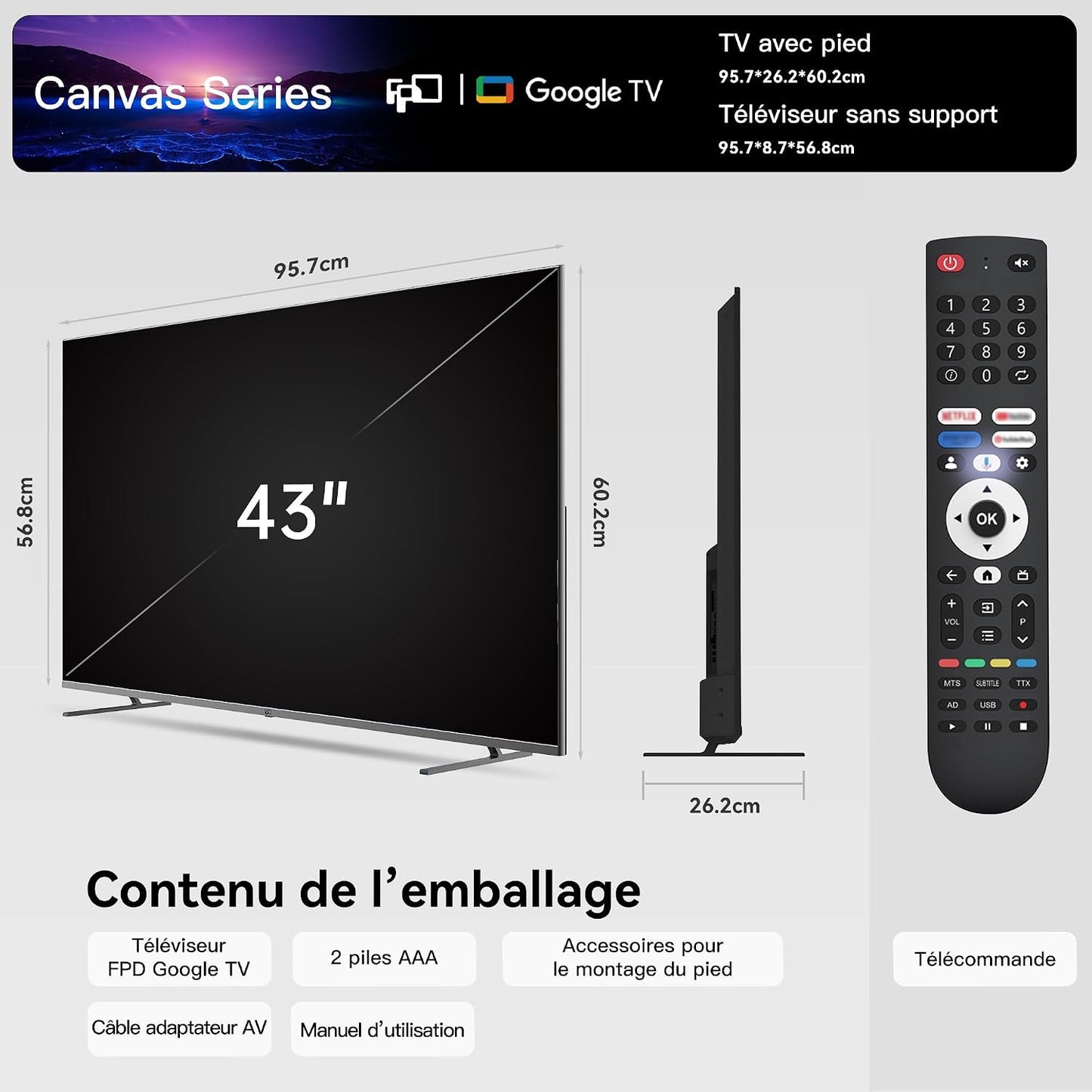 Smart TV 43 Pouces Téléviseur 4K UHD Google TV Écran Plat 60Hz MEMC | Image 4K HDR10, Dolby Vision, Son Immersif Dolby Atmos, Technologie MEMC Fluide, Chromecast Intégré, Google TV