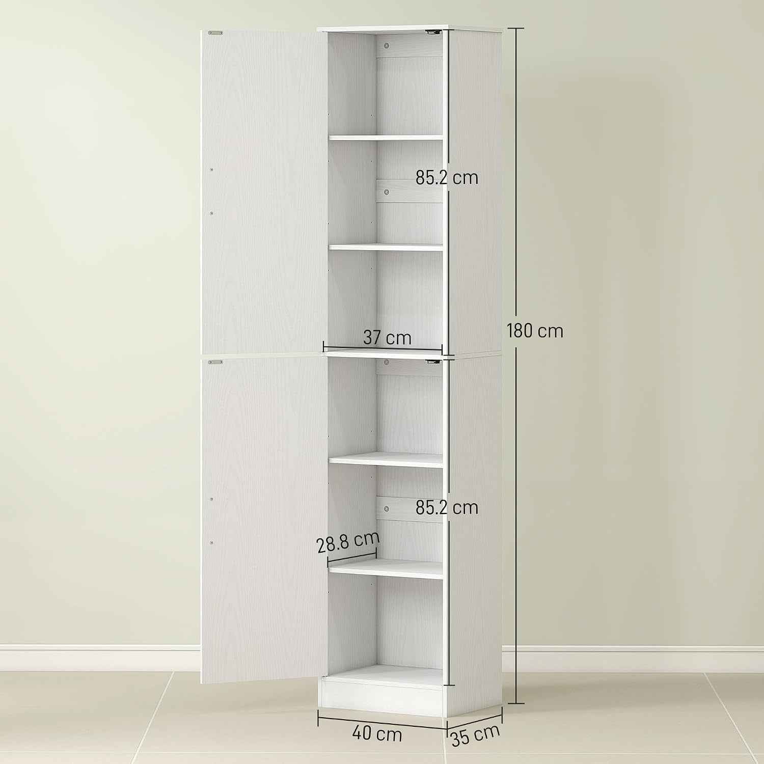 Meuble De Salle De Bain Colonne Étroit 40 X 35 X 180 Cm Blanc | 2 Portes, 4 Étagères Réglables, Meuble De Rangement, Pour Salon, Toilette, Petits Espaces