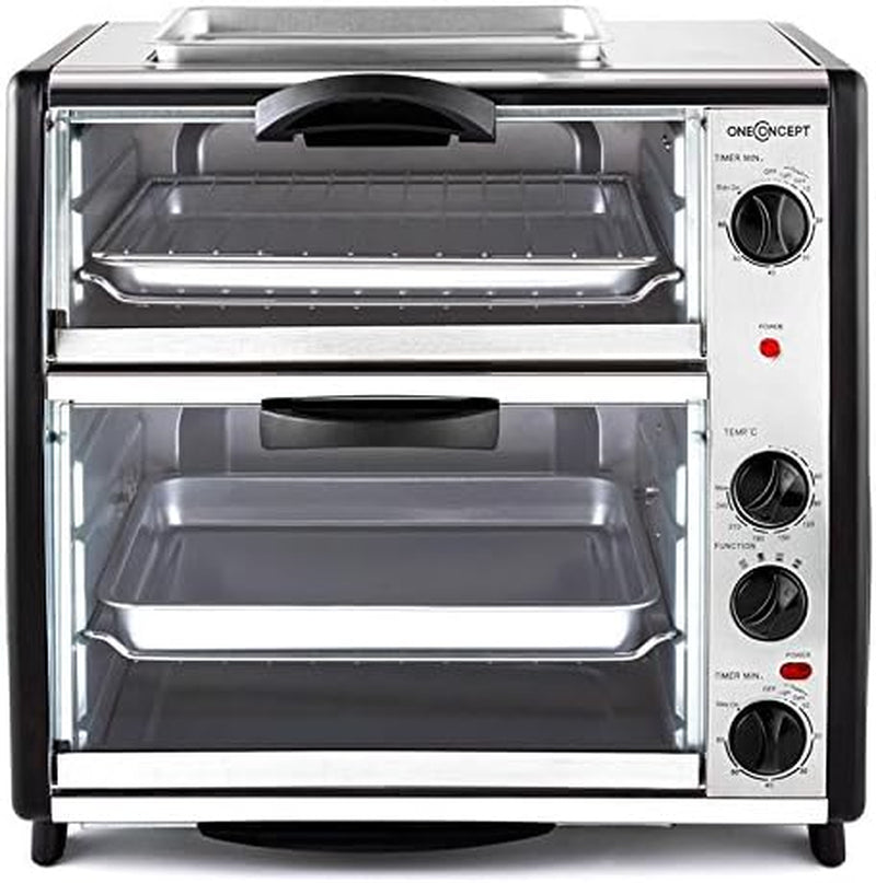 Oneconcept All-You-Can-Eat - Four Grill, Four Électrique, Four Double, 42L Au Total, 2400W, Température Réglable, 60-240°, Timers, 2X Plaques, Fenêtre Large, Broche, Poids 7Kg, Argent
