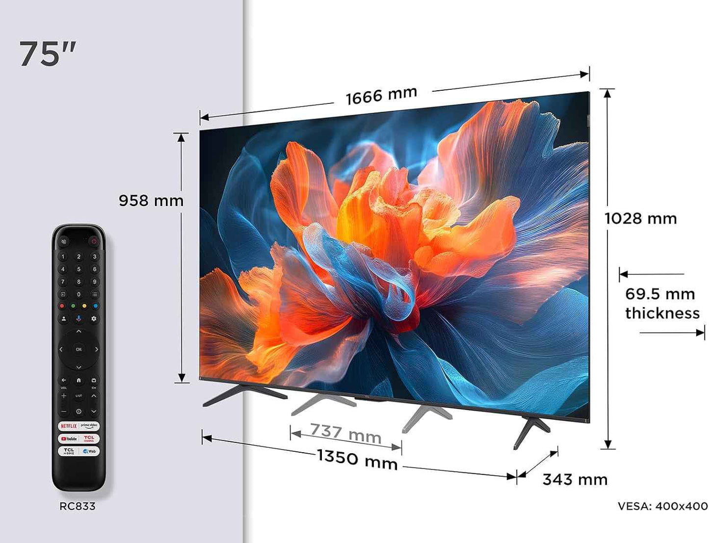 TCL 75T8C 75" QLED 4K HDR Ultra HD TV, Smart TV Powered by Google TV (Dolby Vision & Atmos, 144Hz Motion Clarity Pro, Freesync, Onkyo 2.1 Sound, Voice Control)