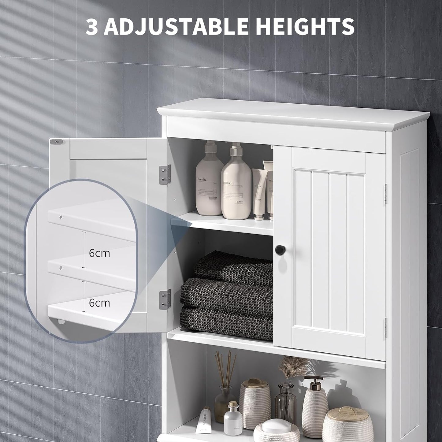 Meuble WC, Étagère De Toilettes Sur Pied, Meuble Toilette Avec 2 Portes, Étagères Réglables Et Compartiments Ouverts, Blanc