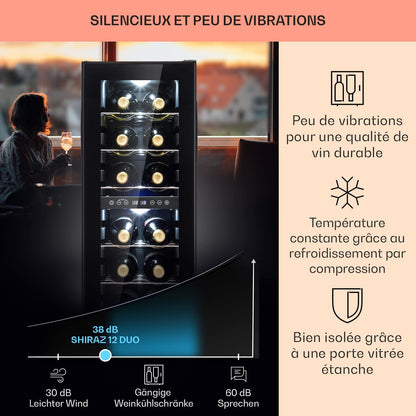 Cave a Vin, Réfrigérateur À Vin Avec Porte En Verre, Cave À Vin De Vieillissement, Double Zone, Prosecco, Bière, Ecran Tactile, Réfrigérateur Bar, Frigo, Protection UV, 5-18°C, 12 Bouteilles