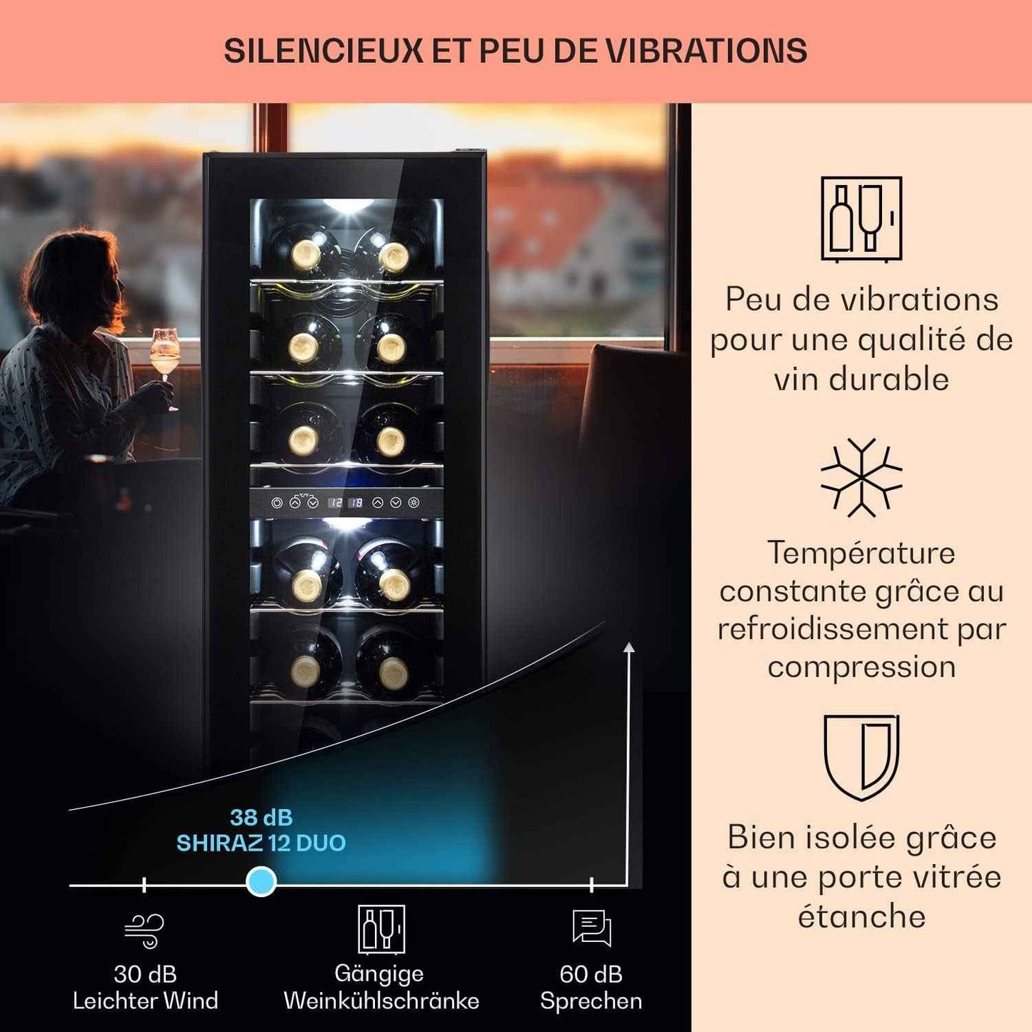 Shiraz Cave À Vin Blanc – 12 Bouteilles, 42 L, 2 Zone | Réfrigérateur À Vin Pose Libre, Porte Vitrée, Silencieux, 5–18 °C, LED, Cadre Inox