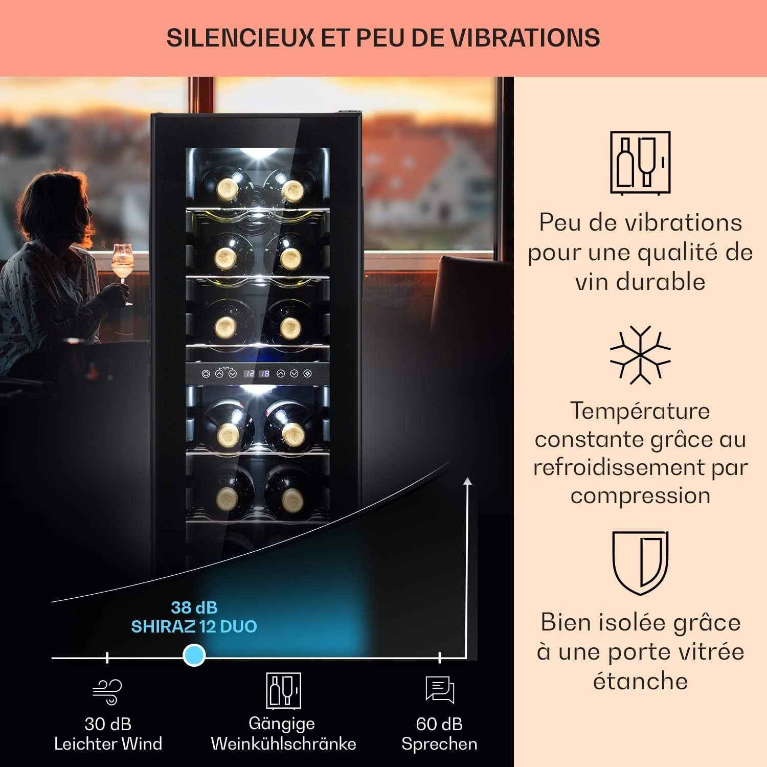 Shiraz Cave À Vin Blanc – 12 Bouteilles, 42 L, 2 Zone | Réfrigérateur À Vin Pose Libre, Porte Vitrée, Silencieux, 5–18 °C, LED, Cadre Inox