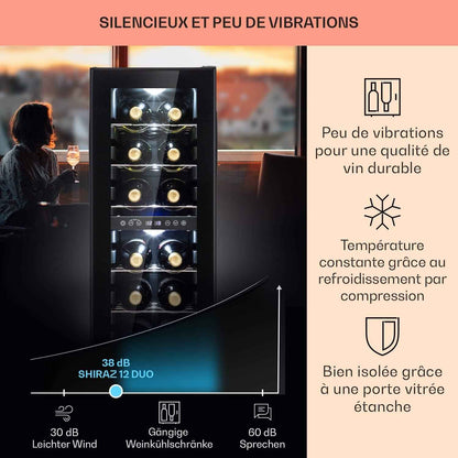 Shiraz Cave À Vin Blanc – 12 Bouteilles, 42 L, 2 Zone | Réfrigérateur À Vin Pose Libre, Porte Vitrée, Silencieux, 5–18 °C, LED, Cadre Inox