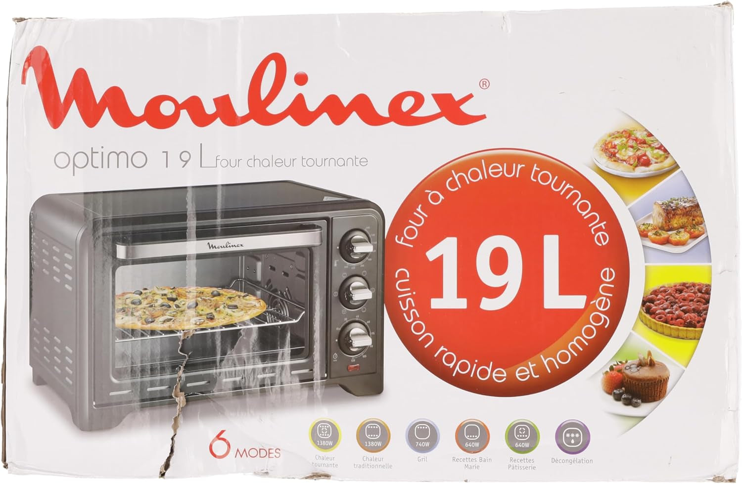 Four Électrique Posable 19 L, Compact, Chaleur Tournante, 6 Modes De Cuisson, Thermostat Réglable Jusqu’À 240°C, Minuteur 120 Min, Grille Réversible, Lèche Frites, Optimo Noir OX444810