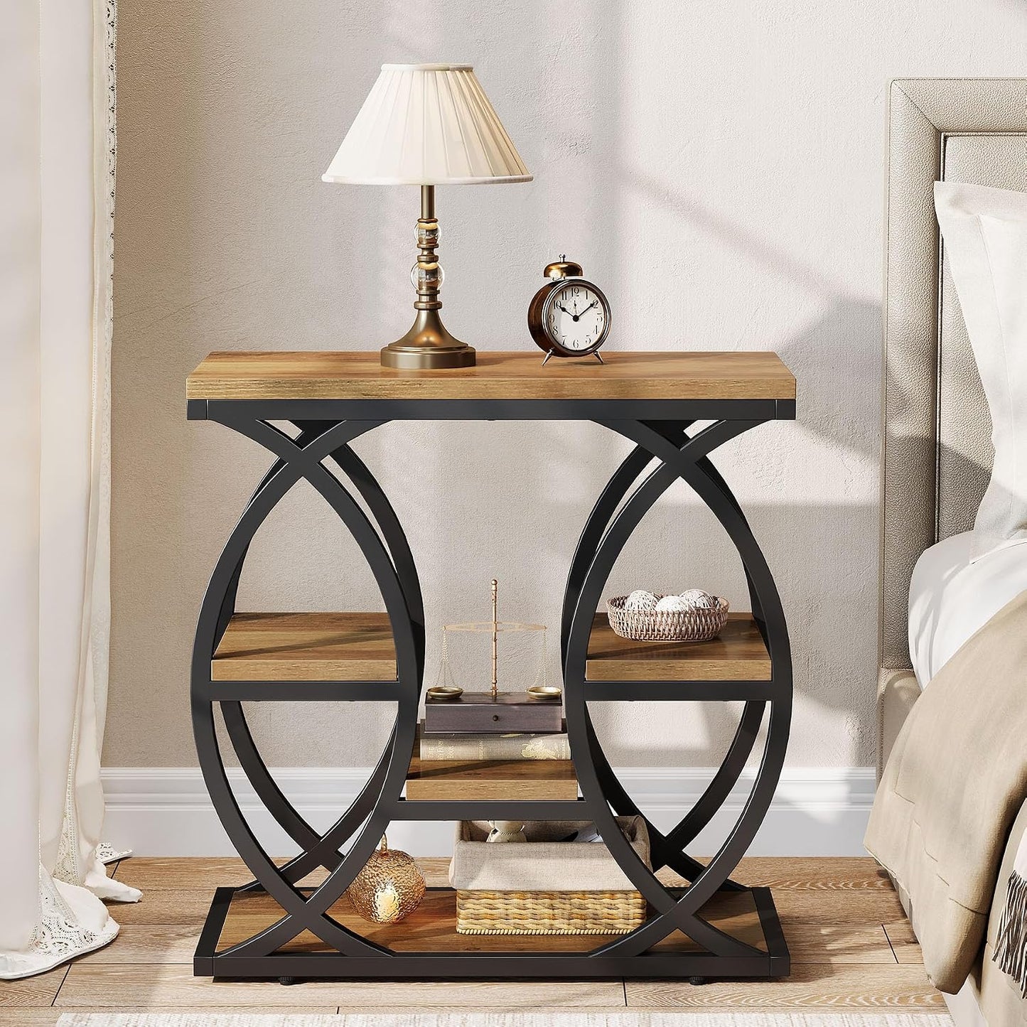 Table D'Appoint Avec 4 Étagères, Table De Chevet Étroite Avec Espace De Rangement, Table Basse Industrielle Pour Salon, Chambre À Coucher, Entrée, Marron Clair