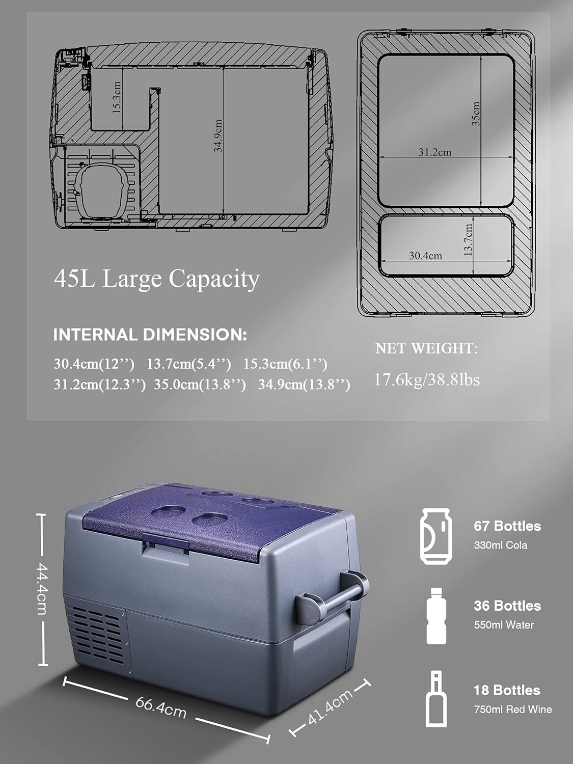 Glacière Electrique Portable, Réfrigérateur À Compresseur 45L, Camping Congélateur(-20℃~+20℃), Porte Amovible, 12/24V DC Et 220-240V AC, Pour Voiture, Camion, Bateau, Véhicules, Camping, Gris