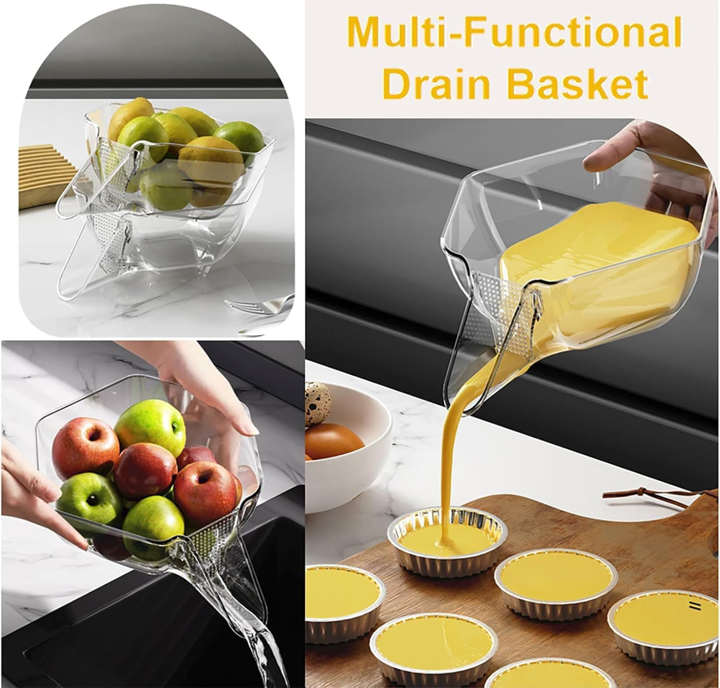 Panier De Vidange Multifonction, Passoires Avec Bec, Bol De Nettoyage De Fruits Avec Récipient Filtrant, Égouttoir Pour Aliments, Fruits (Jaune + Transparent, 2 Pièce)