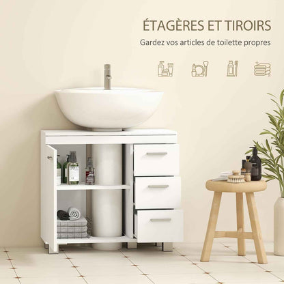 Meuble Sous Lavabo Salle De Bain 3 Tiroirs 70 X 30 X 64 Cm Blanc | Porte À Fermeture Amortie, Armoire Sous Lavabo, Style Moderne