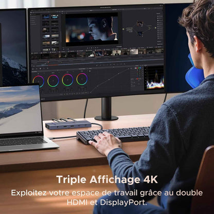 Revodok Pro 3121 Hub USB C 12 En 1 Docking Station Triple Affichage | Double HDMI 4K60Hz, 1 Displayport 4K120Hz, 10Gbps, PD 100W Charge, RJ45 Gigabit, SD TF, Multi Data Ports 2A2C, Audio 3.5Mm