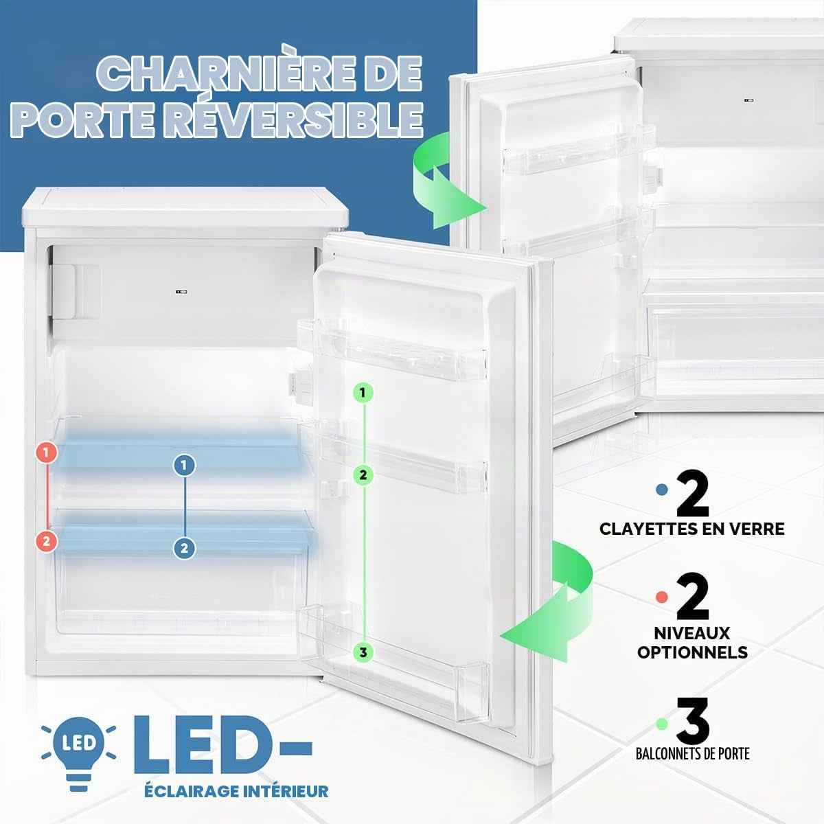 Réfrigérateur Congélateur 109 L KS 7251, Éclairage LED, Blanc | Réfrigérateur 95 L, Congélateur 14 L, Éclairage LED, 2 Étagères En Verre, Bac À Glaçons, Silencieux 37 Db
