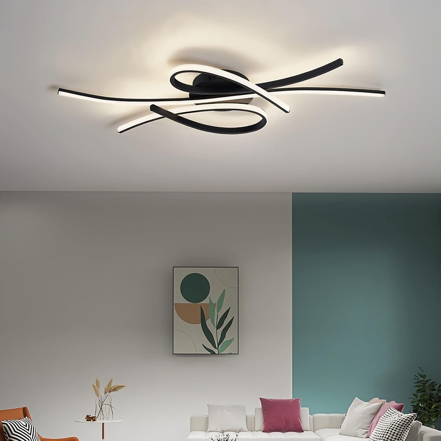 Plafonnier LED Plafonnier Dimmable Lampe De Salon Moderne Lampe De Chambre À Coucher Plafonnier Design D'Intérieur Avec Télécommande Salon Cuisine Bureau (Noir, L100Cm)