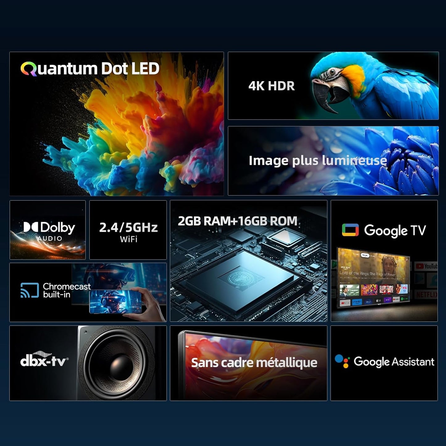 TV Intelligente U50QM8G 50 Pouces, UHD QLED HDR, Sans Cadre Et Métallique, Google TV, Dolby Audio, Syntoniseur Triple, Wi-Fi 2,4G/5G, Google Assistant, HDMI 2.1, USB2.0, Modèle 2023 Noir