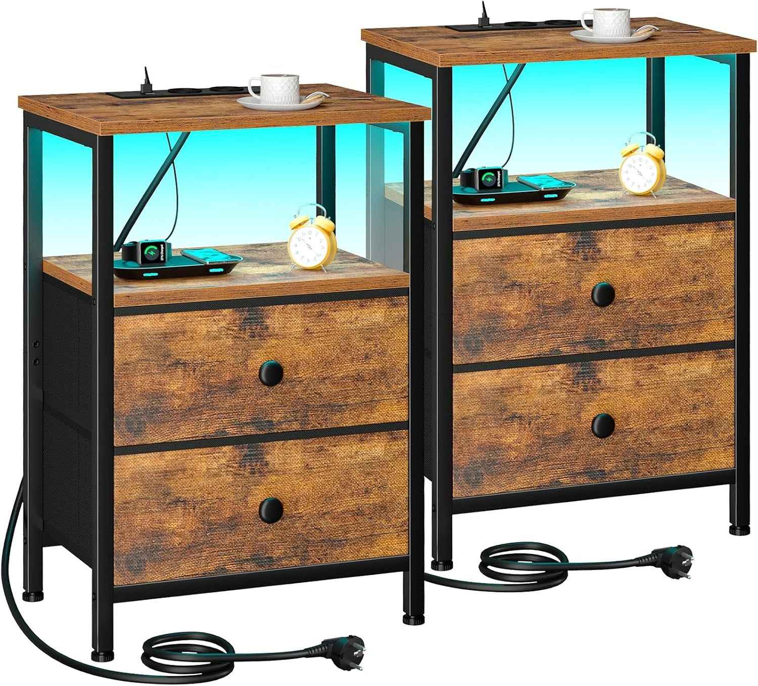Lot De 2 Tables De Chevet, Table De Nuit Avec Prise Intégrée LED | Table D'Appoint Avec 2 Tiroirs Et Compartiment Ouvert, Pour Chambre, Salon Ou Canapé, Marron EHETS02BR