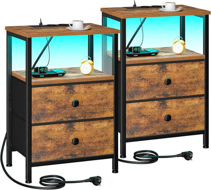 Lot De 2 Tables De Chevet, Table De Nuit Avec Prise Intégrée LED | Table D'Appoint Avec 2 Tiroirs Et Compartiment Ouvert, Pour Chambre, Salon Ou Canapé, Marron EHETS02BR