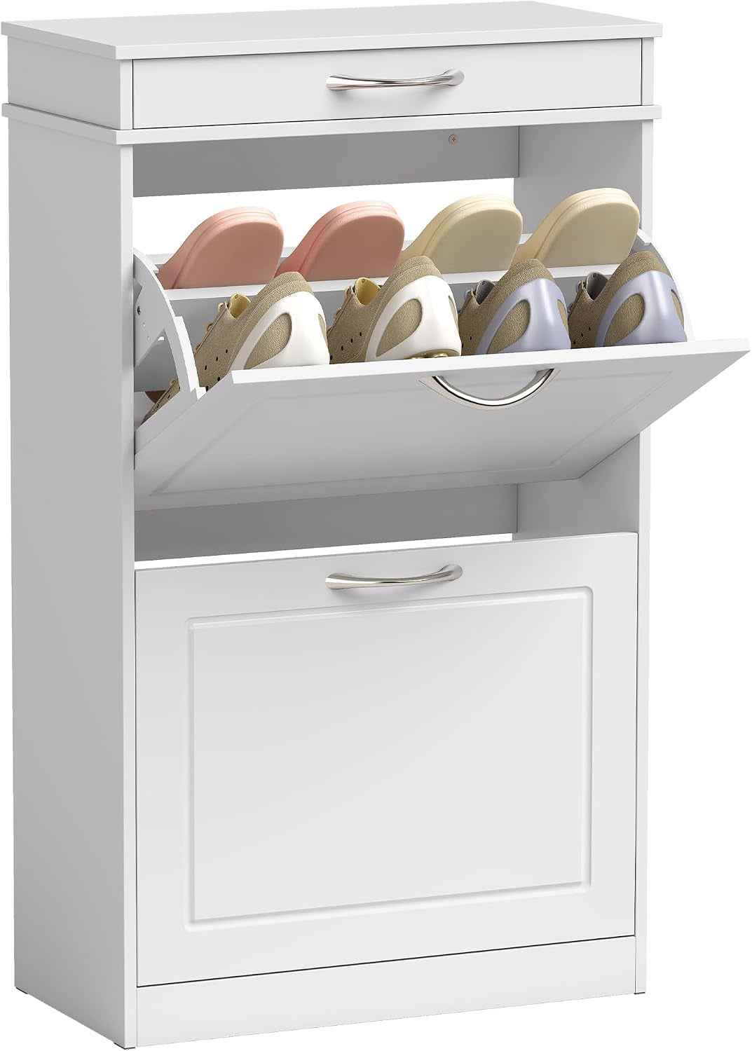 Meuble Chaussure 8 Paires Étroit, Tiroir 53 X 26,5 X 89 Cm Blanc | Armoire À Chaussures, 2 Portes Abattants, Étagère Réglable, Meuble D'Entrée Et Couloir
