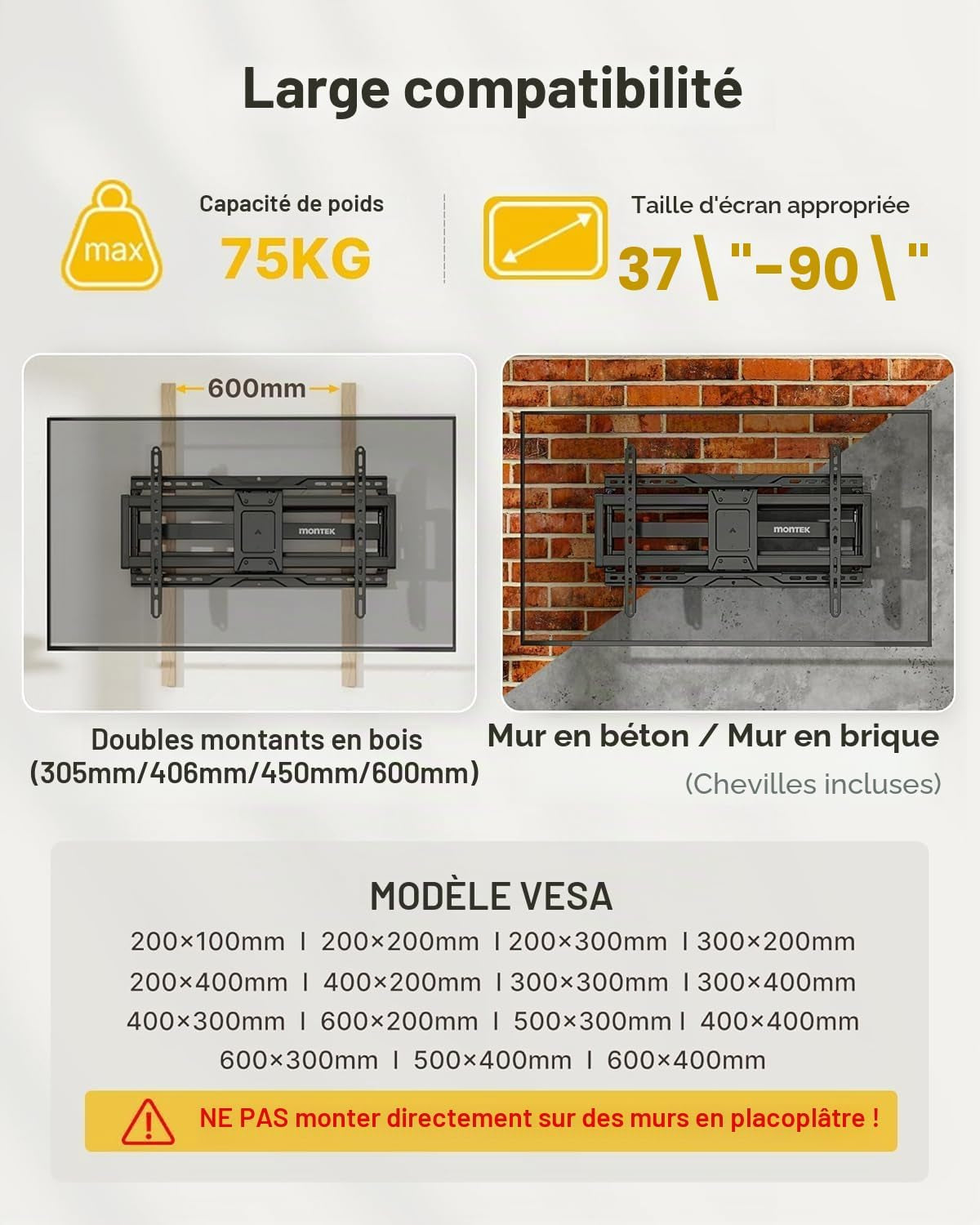 Support TV Mural 37~90",VESA 600 X 400Mm Max, Charge Jusqu'À 75Kg | Support De Téléviseur Mural, Accroche TV Mural, Modèle Mural À Bras Oscillants, Pivotant Et Inclinable