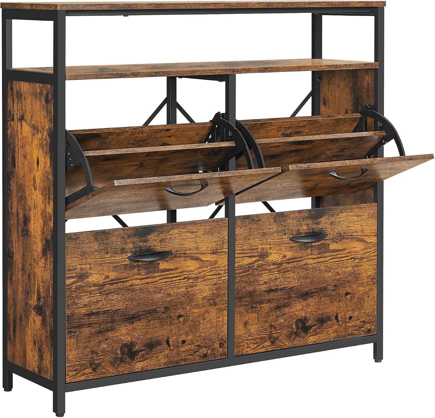 Meuble À Chaussures, Porte-Chaussures Fin, Meuble De Rangement À 4 Abattants, Pour 12-20 Paires, Anti-Poussière, 30 X 98,3 X 95 Cm, Pour Entrée, Marron Rustique Et Noir LBS803B01