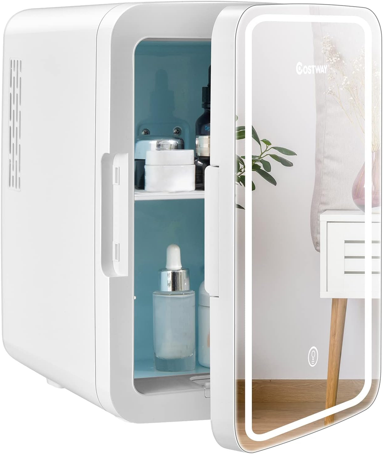 Mini Réfrigérateur 10L Chaud/Froid Portable Avec Miroir LED, Mini Frigo Avec Etagères Amovibles 12V/220V Pour Voiture, Chambre