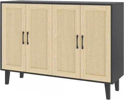 Meuble De Rangement En Rotin Et MDF, Buffets Haut Aspect Avec 4 Portes Sur Salon, Chambre, 127 X 38 X 83 Cm (Noir Et Bois), MEFRSB58