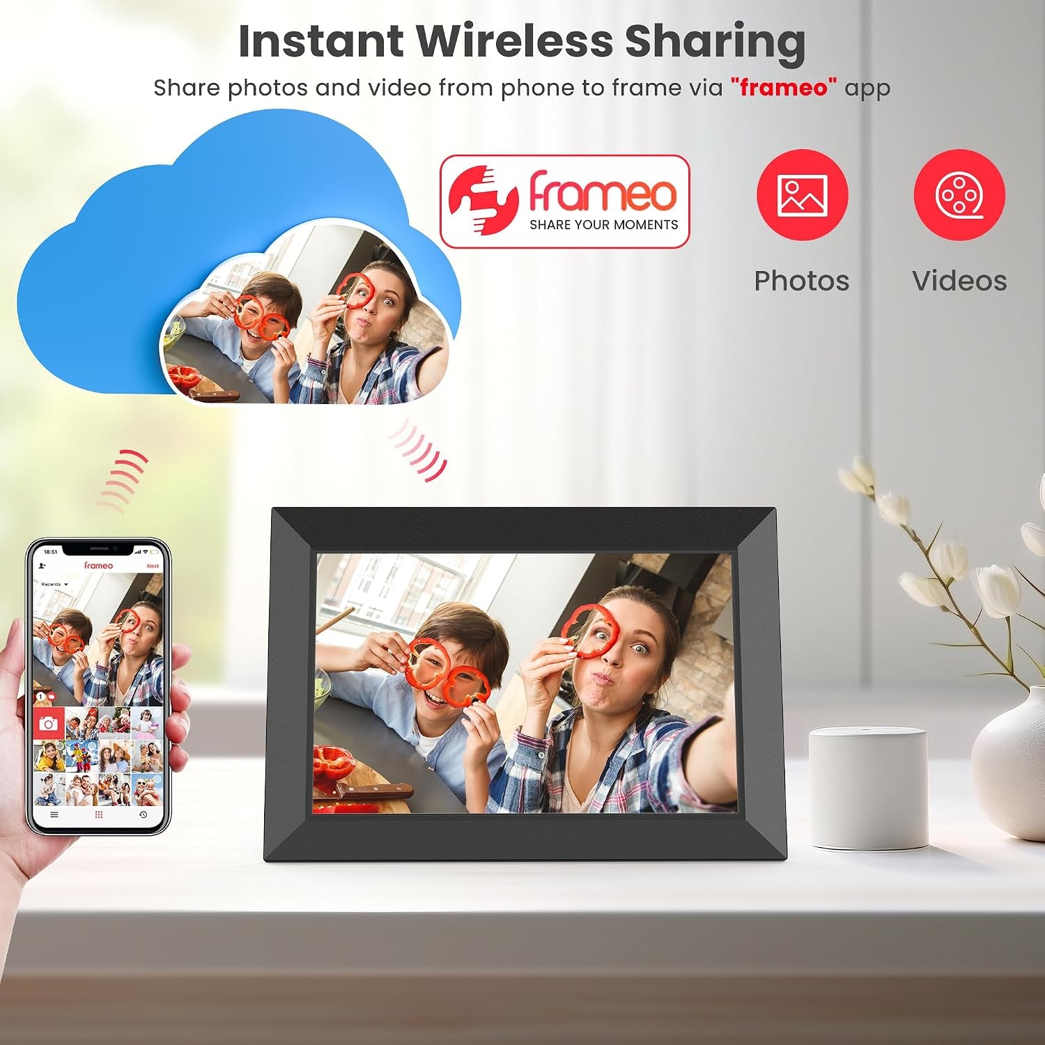 Frameo Cadre Photo Numérique Wifi 10,1 Pouces Avec Mémoire Intégrée De 32 Go, Écran Tactile HD 1280X800 IPS Pour Partager Photos Et Vidéos, Support Multilingue, Rotation Automatique, Montage Mural