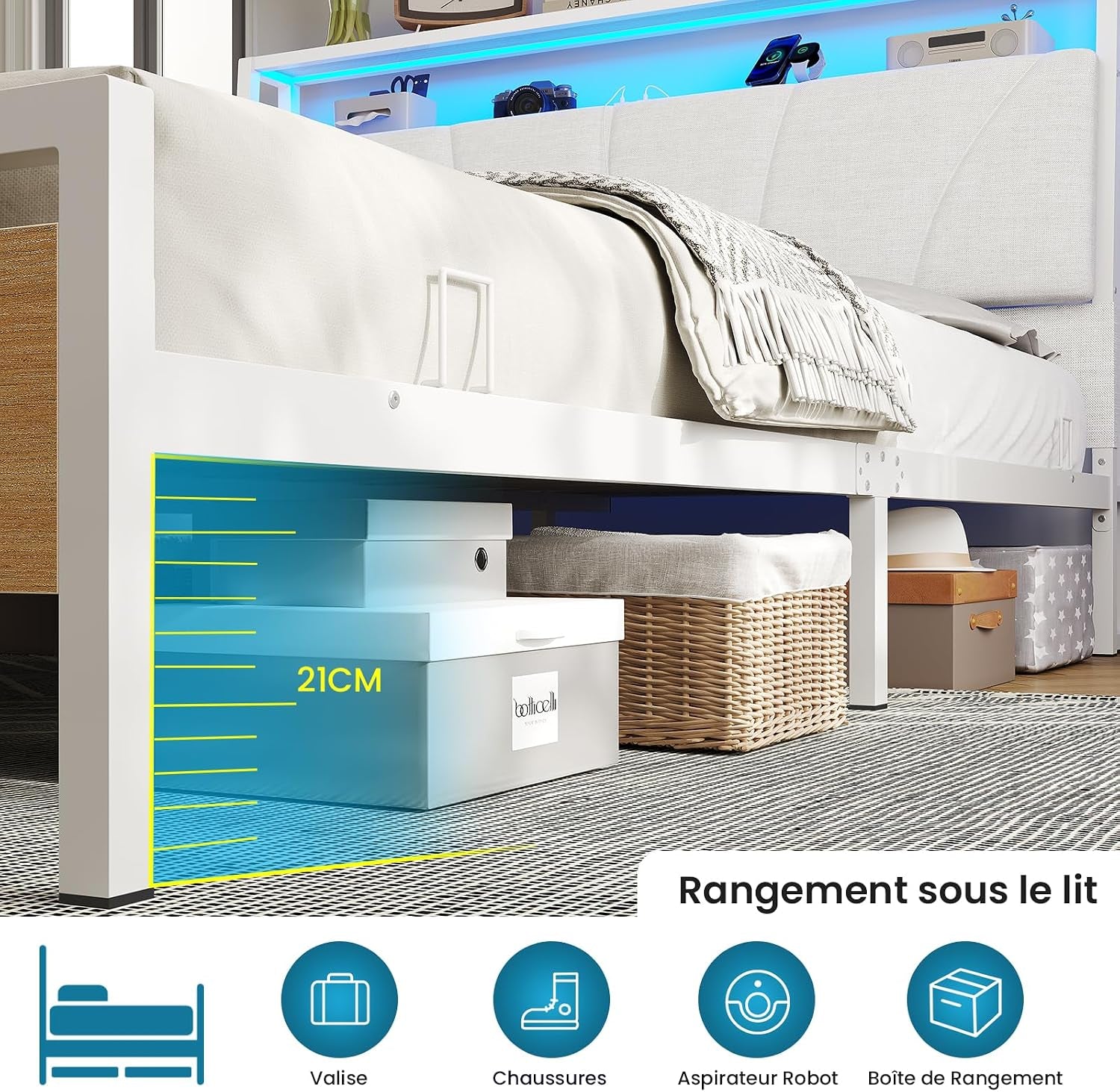 Lit 180X200 Avec Sommier Métal, Cadre De Lit 180X200 Cm Avec Lumières LED Et Multiprise (2 Prises AC, 2 Ports USB) Lit 2 Personnes Avec Tête De Lit Rembourrée Et Rangement, Moderne, Blanc