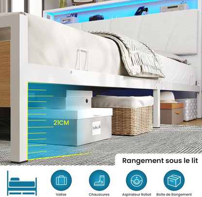Lit 180X200 Avec Sommier Métal, Cadre De Lit 180X200 Cm Avec Lumières LED Et Multiprise (2 Prises AC, 2 Ports USB) Lit 2 Personnes Avec Tête De Lit Rembourrée Et Rangement, Moderne, Blanc