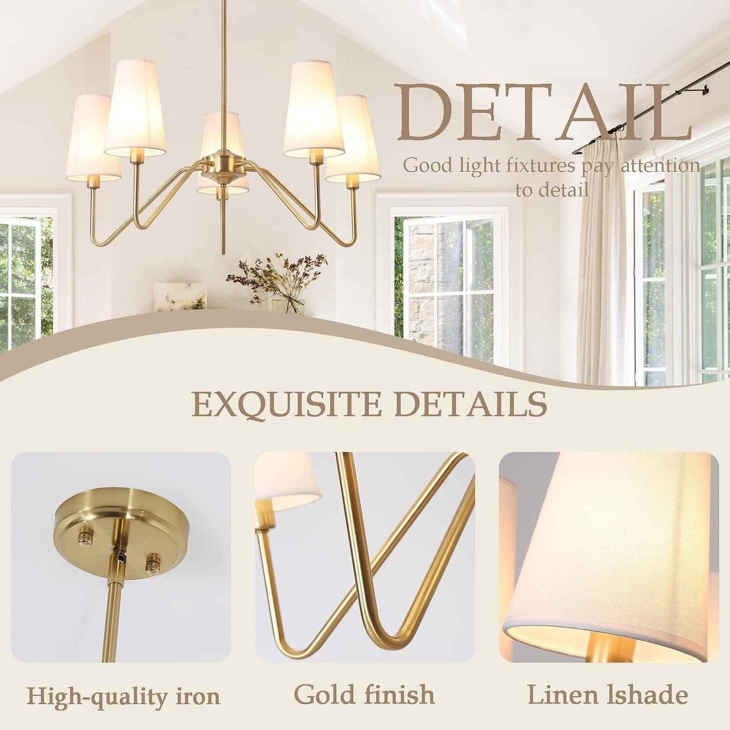 Or Lustre Salon Moderne,5-Light Suspension Luminaire 76Cm E14 Lampe Avec Un Abat-Jour En Lin Blanc Luminaires Intérieur Pour Cuisine Chambre Suspendu Sejour Plafond Couloir, 200W