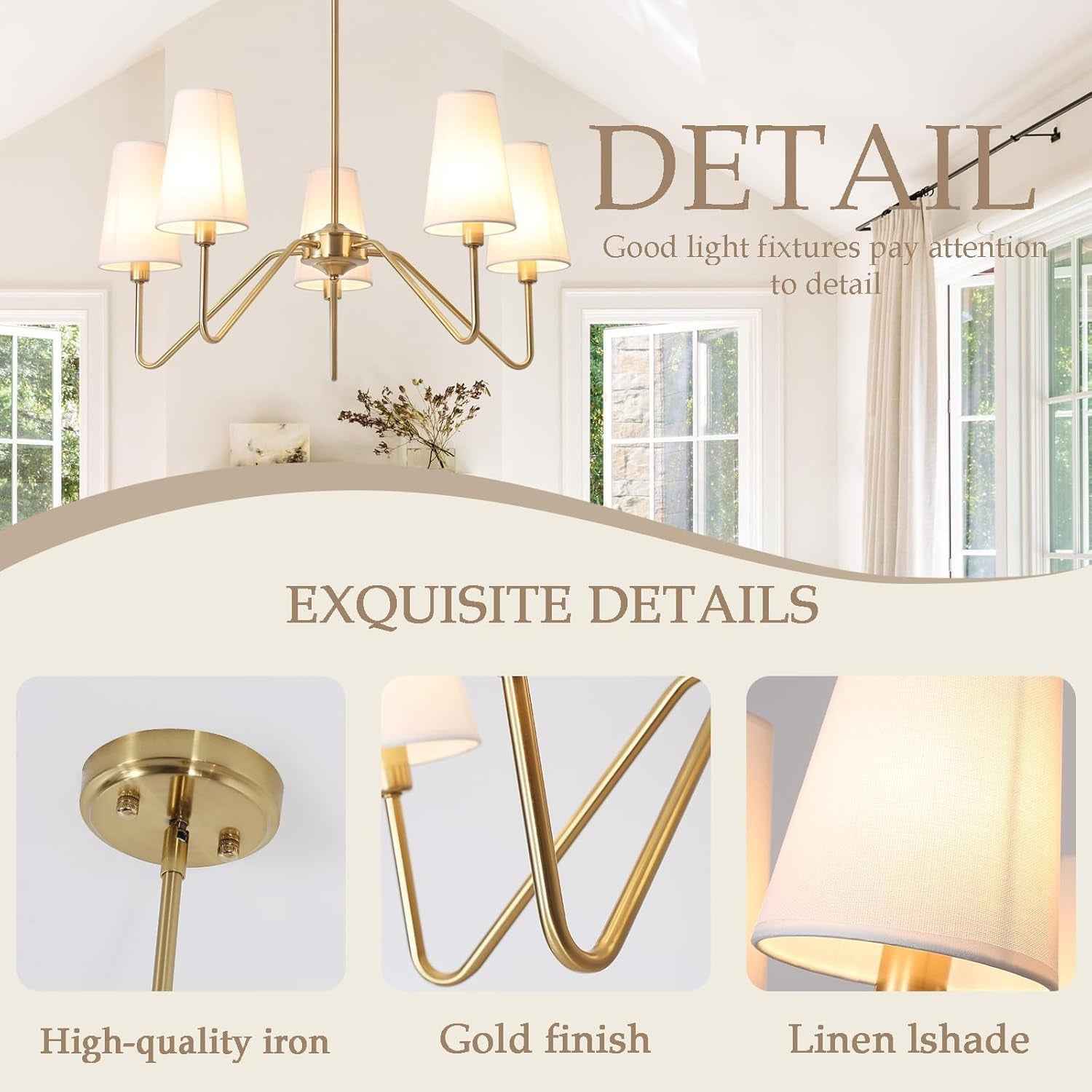 Or Lustre Salon Moderne,5-Light Suspension Luminaire 76Cm E14 Lampe Avec Un Abat-Jour En Lin Blanc Luminaires Intérieur Pour Cuisine Chambre Suspendu Sejour Plafond Couloir, 200W