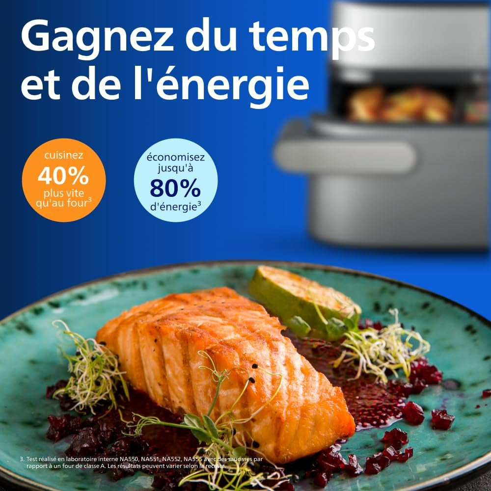 Airfryer 5000 - Air Fryer Panier Flexible 9.5L, Cuisson Vapeur | Megabasket 9.5L Ou 3+6L, Séparateur Amovible, 28 Modes,Technologie Rapidair & Steamfry, Auto Steamclean, Inox (NA565/00)