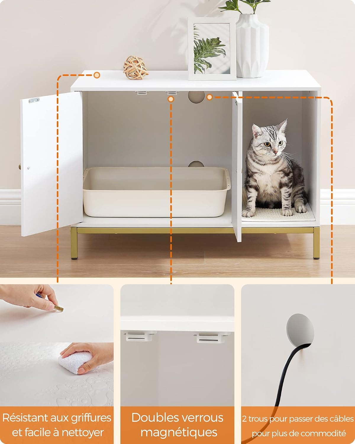 Meuble Litière Pour Chat, Maison De Toilette Pour Chat, Avec Tapis De Grattage, Pieds Hauts, Table D'Appoint, 80 X 50 X 55 Cm, Blanc Et Doré PCL007W01