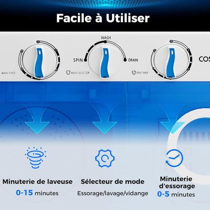 Machine À Laver Portable, Capacité De 8 Kg(5Kg Lavage & 3Kg Essoreuse), Machine À Laver À Double Cuve Avec Pompe De Vidange, Mini Machine À Laver Pour Appartements, VR Et Dorto (Bleu)