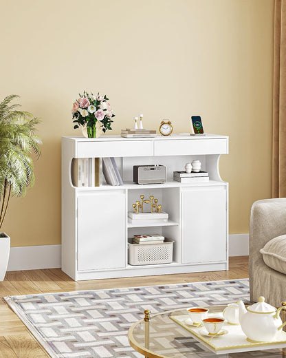Meuble Cuisine, Buffet, Avec Multiprise Et Éclairage LED | Meuble De Rangement, 2 Tiroirs Et 2 Portes, Placard, Cuisine, Salon, 35 X 100 X 85 Cm, Blanc SC64903X