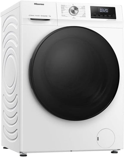 Hisense WFQA7014EVJM Machine À Laver Avec Fonction Vapeur/ 7 Kg/Aquastop/ 1400 Tr/Min / 15 Programmes/Inverter Powerdrive Motor/Tambour En Acier Inoxydable/Sécurité Enfant/Nettoyage Du Tambour/Blanc