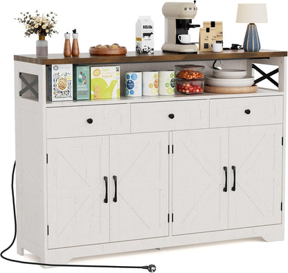 Meuble De Rangement, Buffet, Avec Placard 4 Portes, 3 Tiroirs, Enfilade Avec Étagère Ouverte, Pour Salle À Manger, Salon, Cuisine, Entrée, 130 X 35 X 95 Cm, Blanc