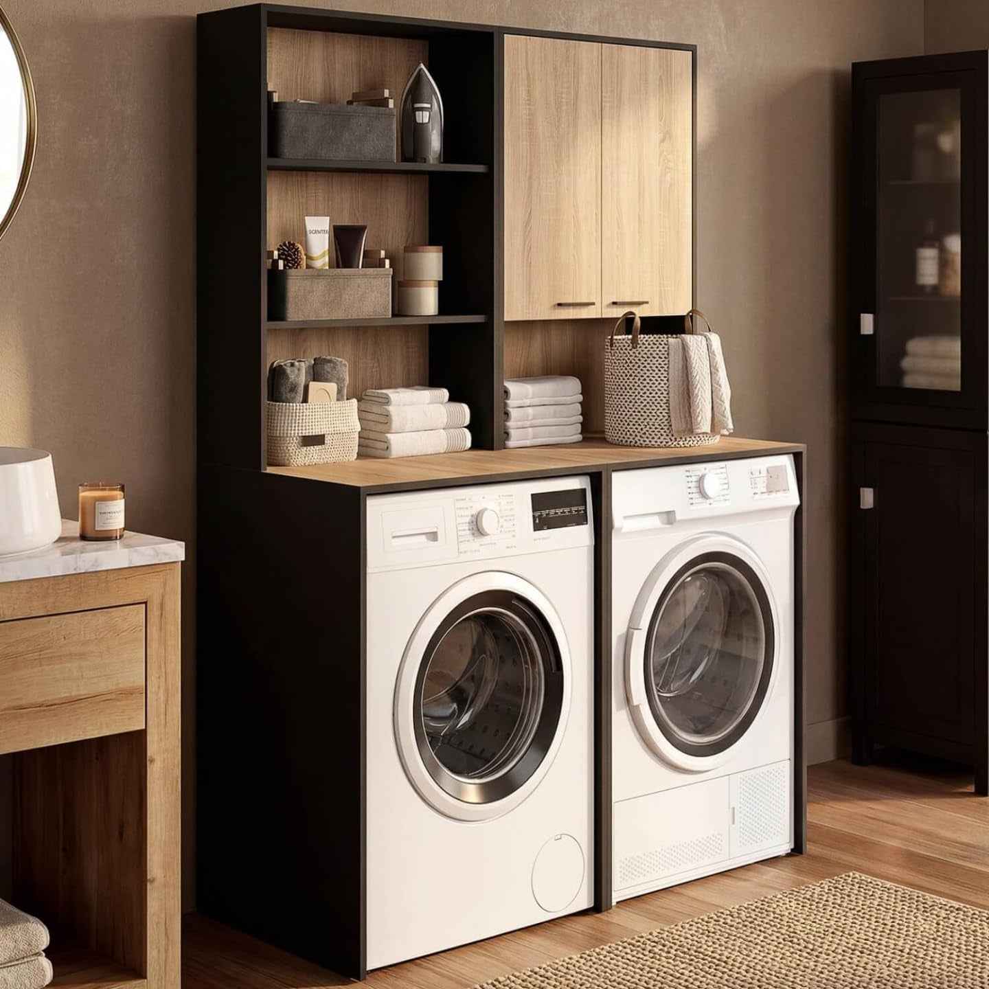 - Meuble Pour 2 Machines À Laver Wallis Noir Et Bois Façon Hêtre | Avec Placard Et Étagères