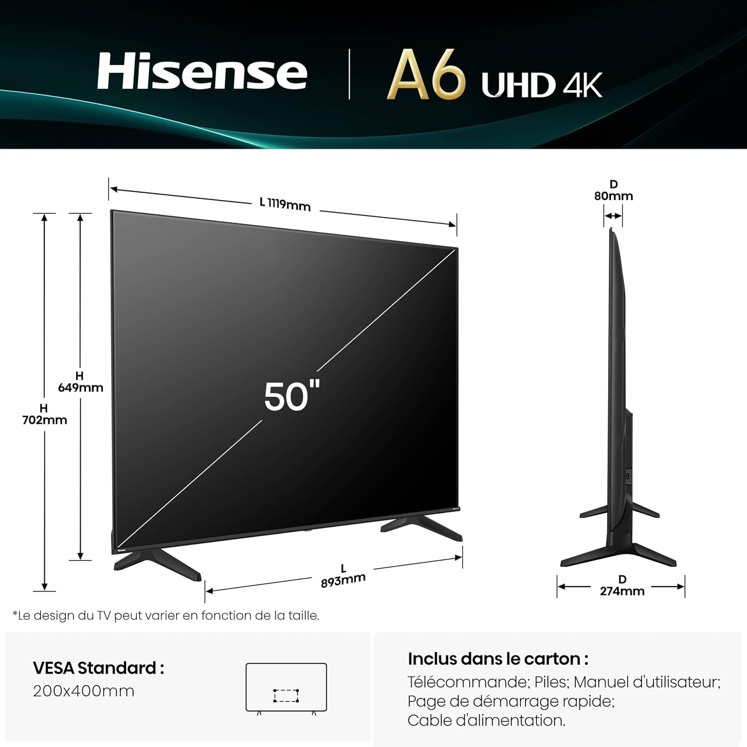 Hisense 50 Inch 50A6Q 4K UHD Dolby Vision HDR VIDAA Smart TV with Youtube, Netflix, Disney+, Channel + (2025 Model)