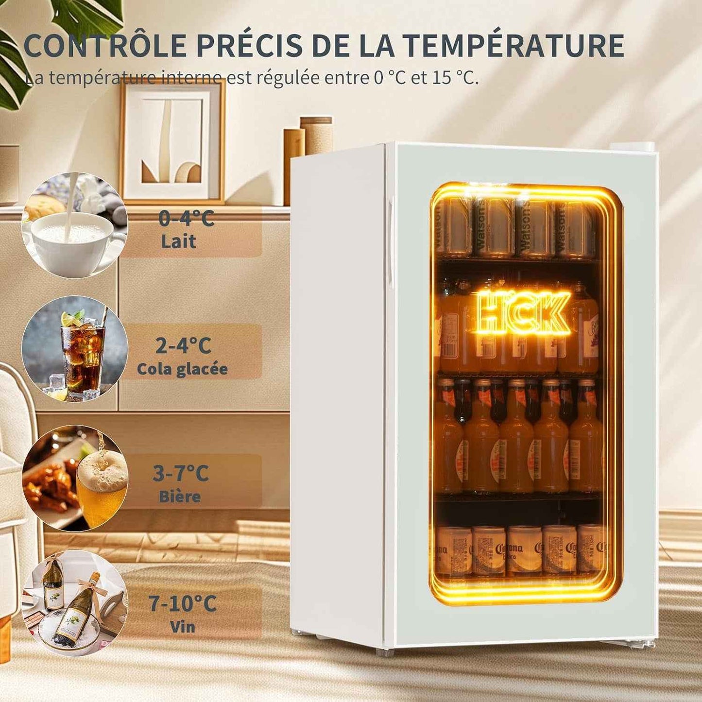 Réfrigérateur Pour Boissons De 98 L, Mini Réfrigérateur Avec Éclairage Orange 3D Et Porte En Verre, Réfrigérateur Compact De 105 Canettes Avec Étagères Réglables Pour Soda, Bière Ou Vin(Blanc)