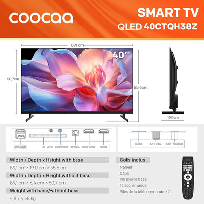 40 Pouces (100 Cm) Smart TV FHD Television LED, QLED, HDR 10 Dolby Audio Bluetooth 5,1 Tuner DVB-T/T2/C/S/S2 CI+ Low Blue Light, 1.5GB (40CTQH38Z, 2026 Nouveau Modèle)