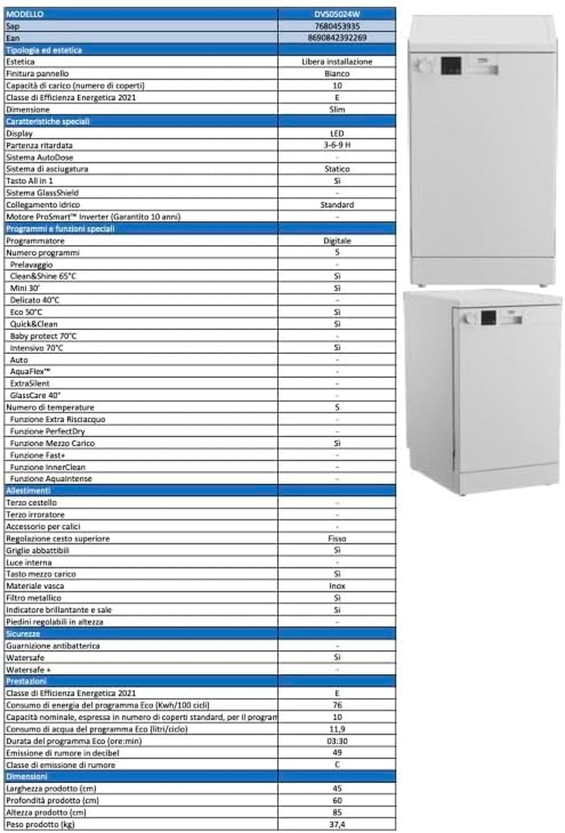 Beko DVS05024W Lave-Vaisselle Autoportante 10 Couverts E