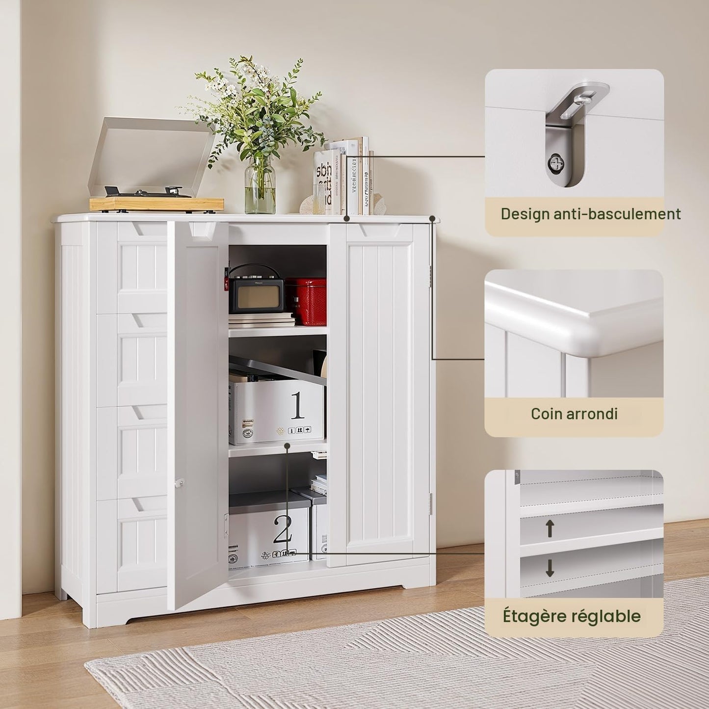 Meuble Salle De Bain Armoire De Baño, Avec 4 Tiroirs Et 2 Portes,Meuble Pour Salle De Bain Salon Cuisine,Avec Étagère Réglable,81 X 30 X 83 Cm,Blanc