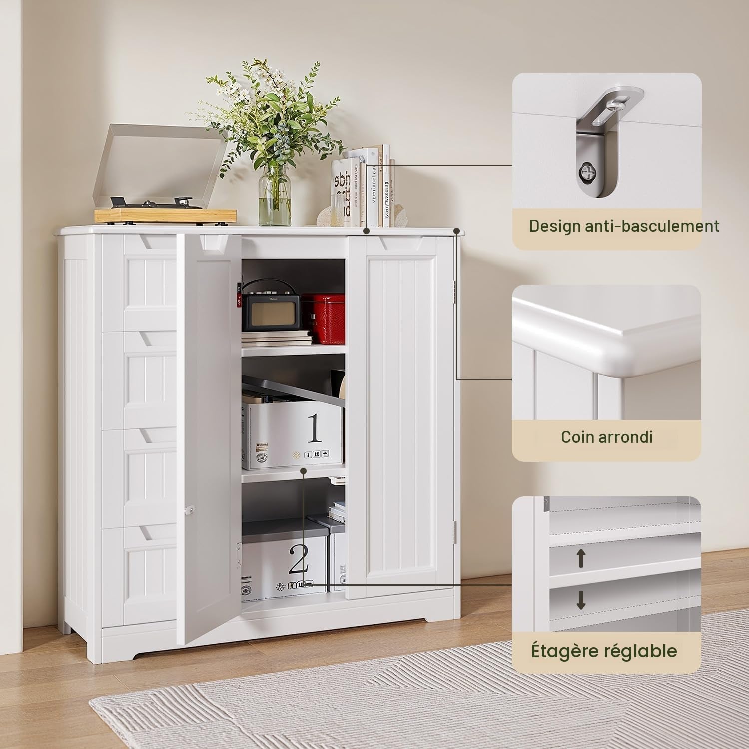 Meuble Salle De Bain Armoire De Baño, Avec 4 Tiroirs Et 2 Portes,Meuble Pour Salle De Bain Salon Cuisine,Avec Étagère Réglable,81 X 30 X 83 Cm,Blanc