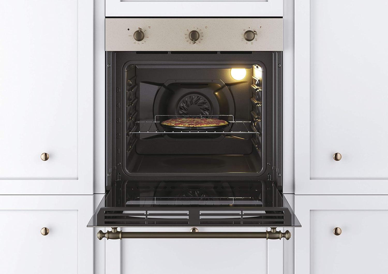 FCC603NAV Four Électrique À Encastrer, Ventilé, Capacité 65 Litres, Multifonction Et Fonction Pizza, 8 Programmes, 56,8 X 59,5 X 59,5 Cm, Style Rustique, Avoine, Classe A+