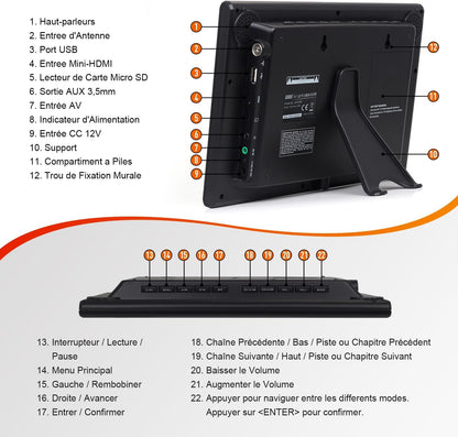 DA100D TV Portable TNT HD 10,1" Avec Enregistreur&Lecteur Multimédia | Enregistreur PVR Avec Timeshift Contrôle Du Direct, Entrées HDMI&AV, Sur Secteur/Piles Rechargeables AA/12V Camping-Car